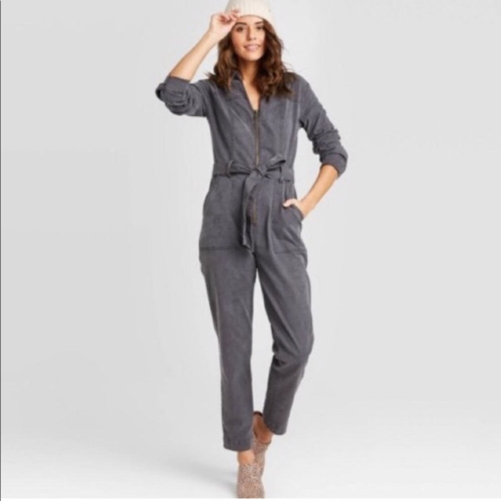 Gray Target V-Neck Jumpsuit with Zipper